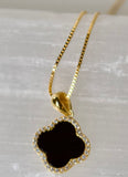 Black Agate Clover and Zirconia 18k Adjustable Necklace