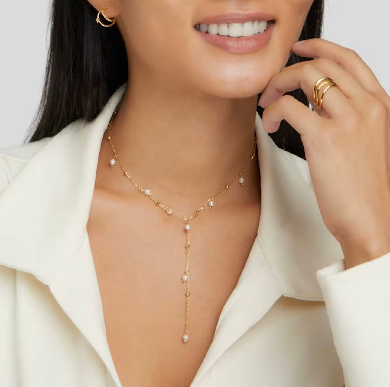 Pearl 18K Gold-Plated Lariat Adjustable Necklace