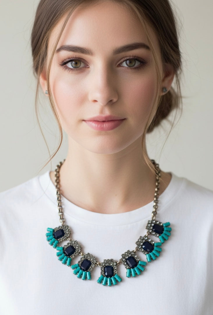 Vintage Gold Tone Blur and Grey rhinestone statement Necklace