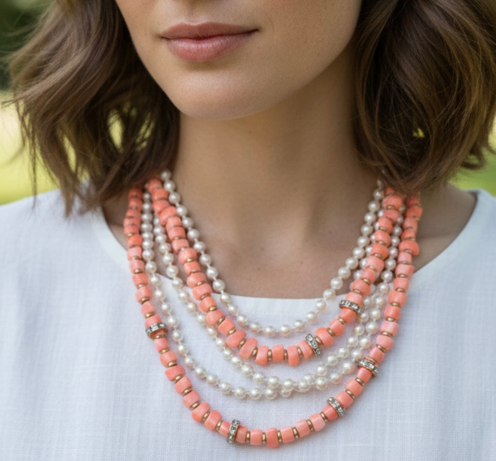 Vintage Multi-strand Layered Beaded with Coral and Faux Pearl Necklace adjustable necklace 16”to 18”