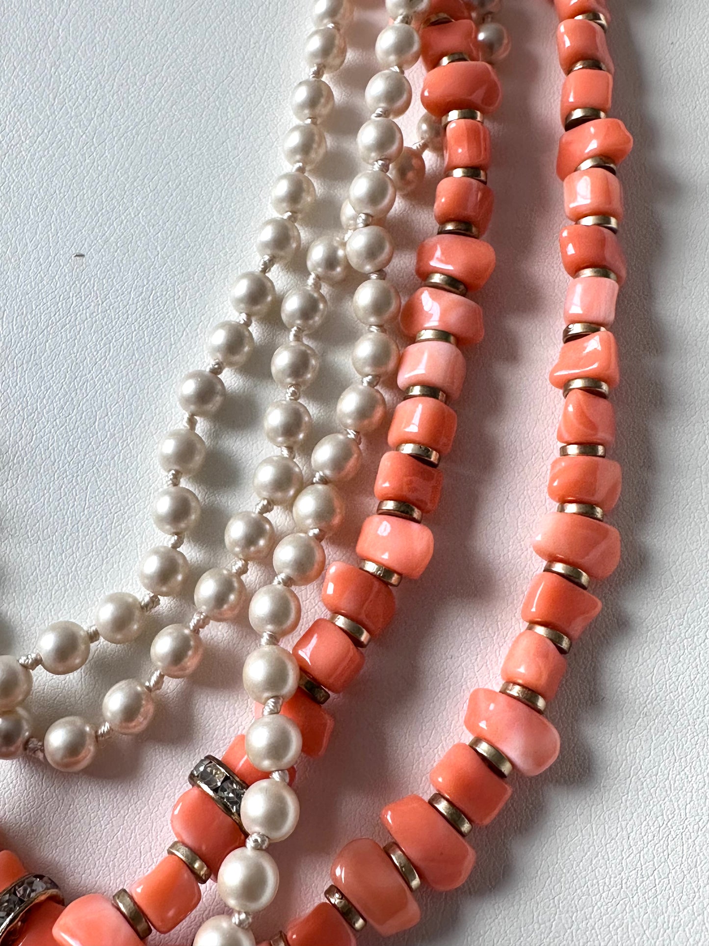 Vintage Multi-strand Layered Beaded with Coral and Faux Pearl Necklace adjustable necklace 16”to 18”