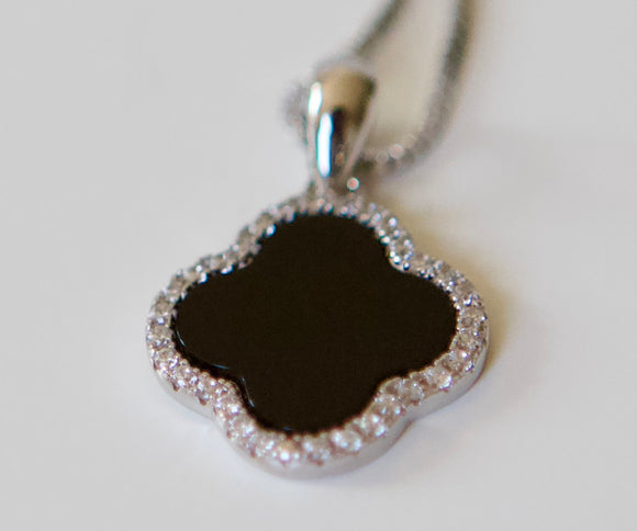 Black Agate clover and cubic zirconia pendant Sterling Silver Adjustable necklace