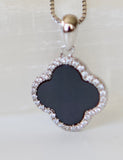 Black Agate clover and cubic zirconia pendant Sterling Silver Adjustable necklace