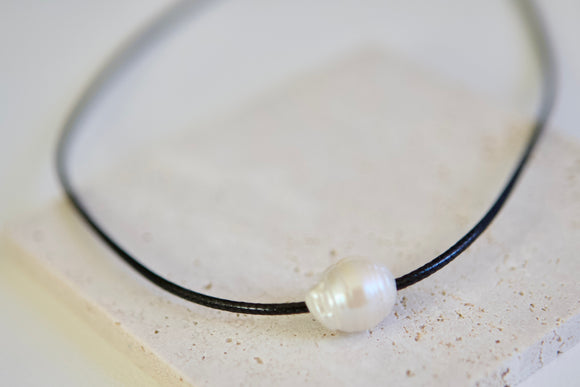 White Baroque Freshwater-Culture Pearl Black Waxed Cotton String Adjustable Necklace