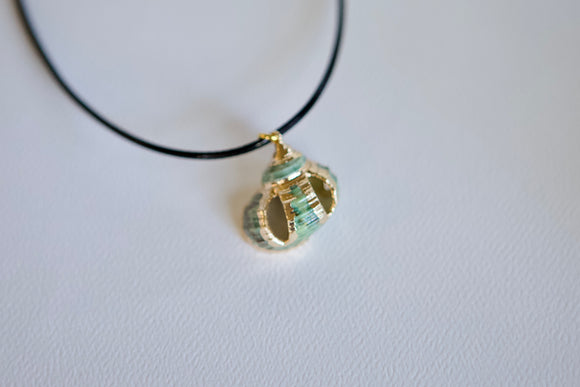 Green Seashell Black Waxed Cord Necklace
