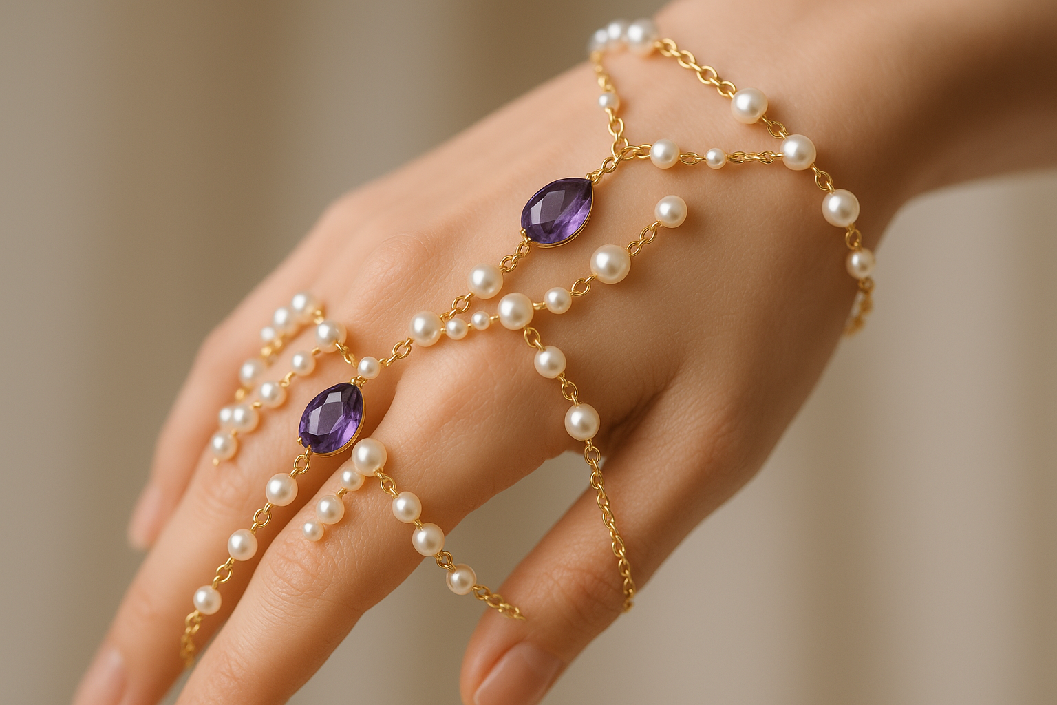 hand wear beaded pearl gold chain amethyst gemstone 