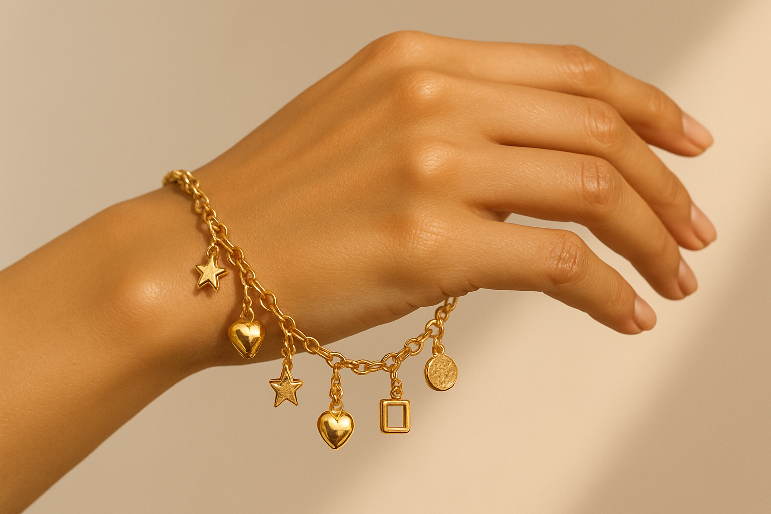 hand with gold charms bracelet