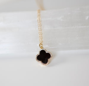 Black Agate Micro Paved Clover Pendant Adjustable 14k Gold Filled Necklace