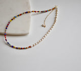Antique Colorful Glass bead and Cultured Pearl Adjustable Necklace