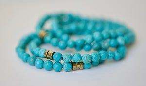 Turquoise and Pyrite Beaded Gemstone Stretch Bracelet - 7 Inches Length