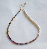 Antique Colorful Glass bead and Cultured Pearl Adjustable Necklace